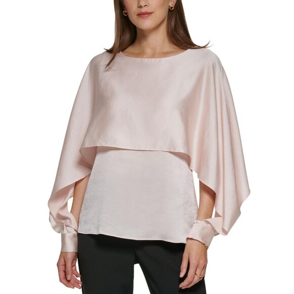 DKNY Womens Petite Solid Crewneck Smocked-Cuff Cape Blouse Champagne Pink PM - Picture 5 of 8